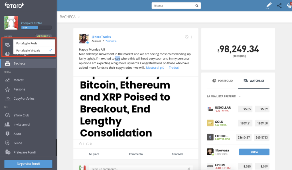 eToro passare a conto reale