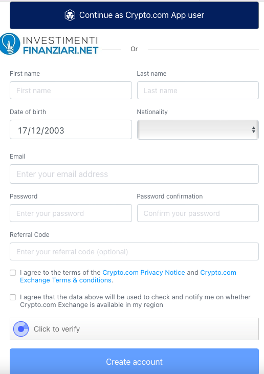 Aprire un conto Crypto.com