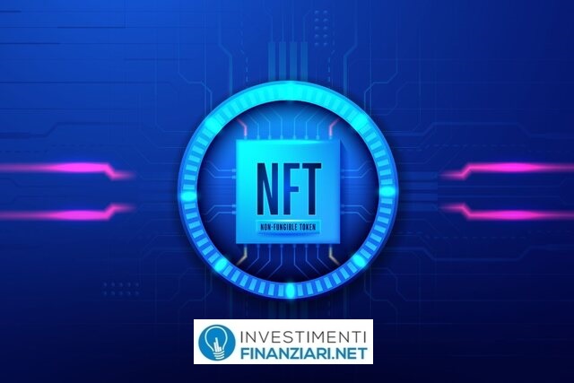 NFT non fungible tokens crypto-art on blue abstract background