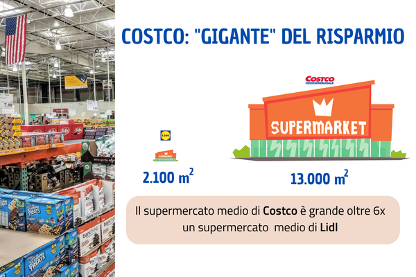 confronto in scala tra le dimensioni medie di un supermercato Costco e uno Lidl